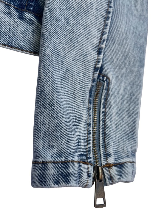 Cropped Acid Wash Denim Moto Jacket Blue L 100% Cotton - Picture 7 of 9